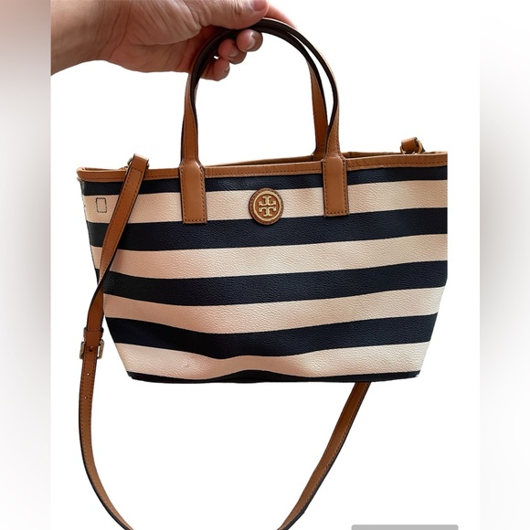 Tory Burch Handbags - Tory Burch Kerrington Small Tote Navy Blue and White Stripes Tan Trim